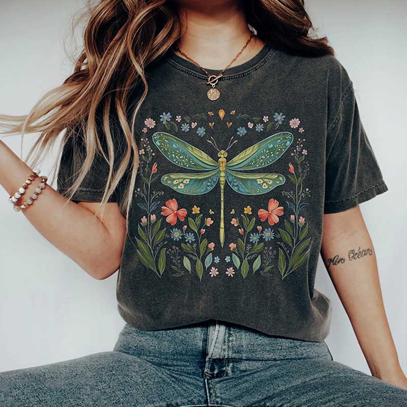Dragonfly Watercolor Floral Graphic T-Shirt