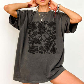 Linocut Books and Flowers T-Shirt