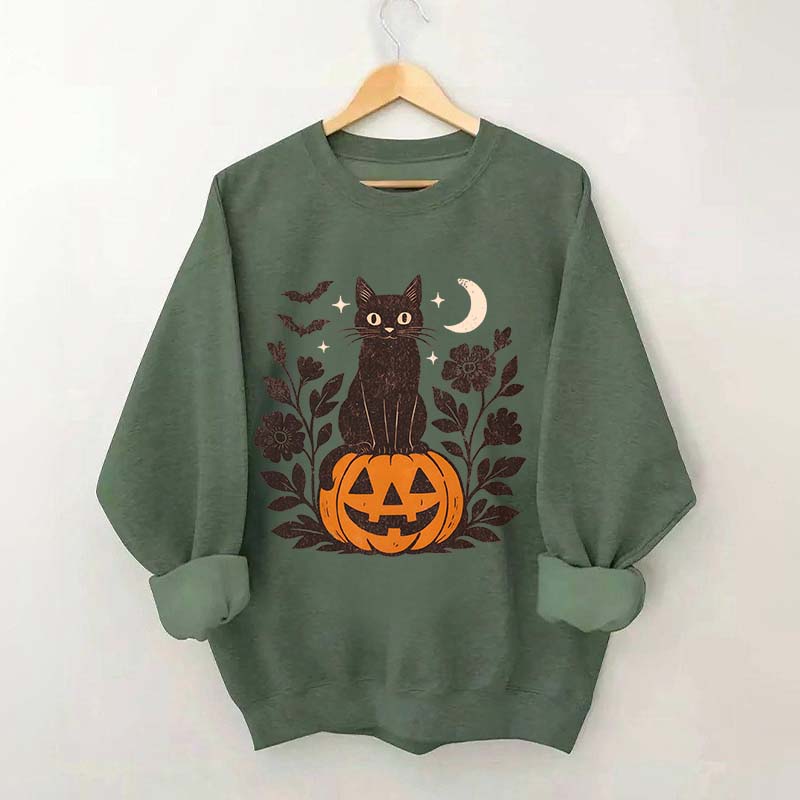 Black Cat on Pumpkin Retro Sweatshirt