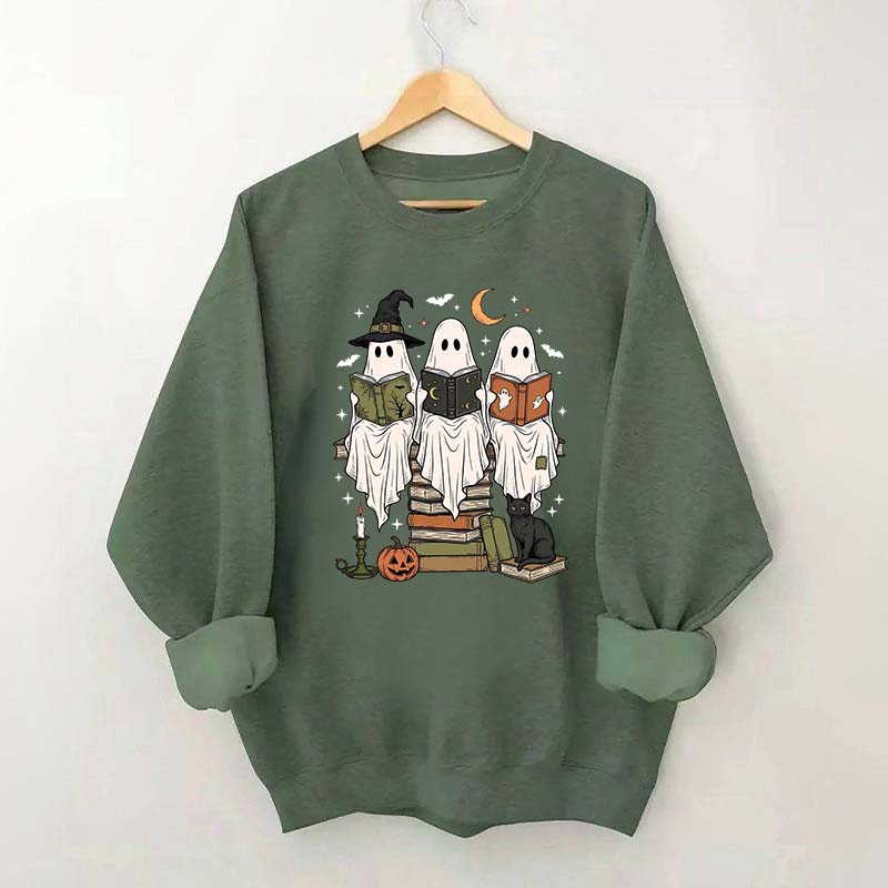 Boo Ghost Reading Books Halloween Sweatshirt