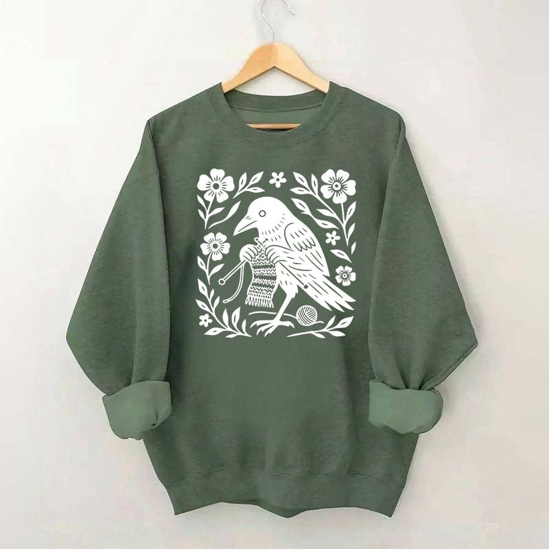 Crow Knitting Linocut Style Bird Sweatshirt