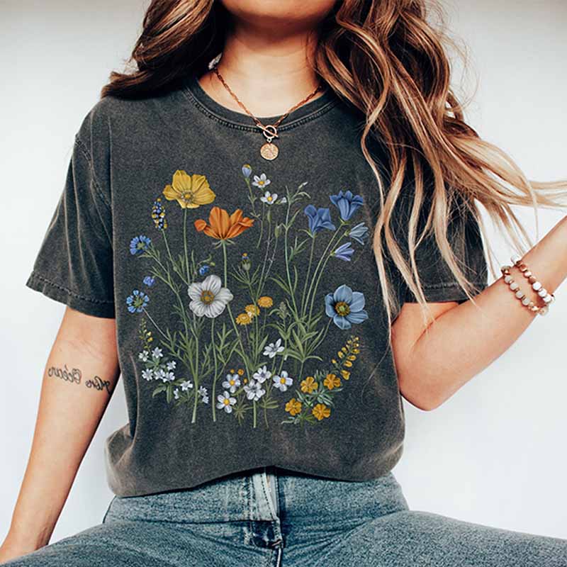 Boho Wildflowers Cottagecore Blue Floral T-Shirt