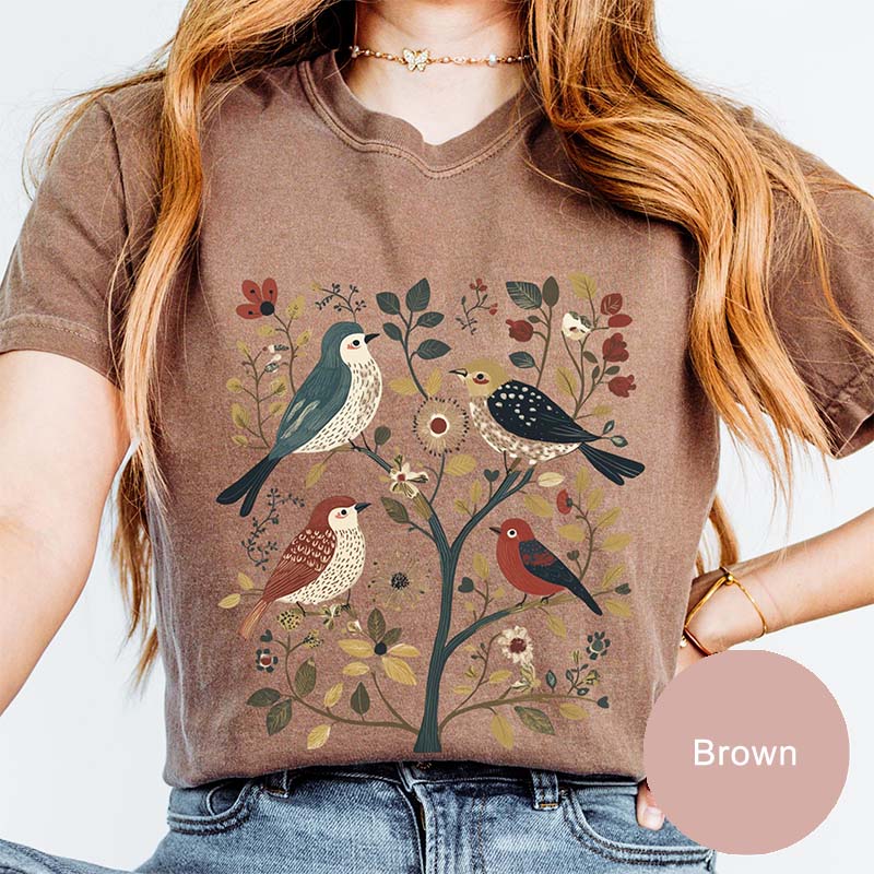 Cottagecore Birds and Flowers Folk Art T-Shirt