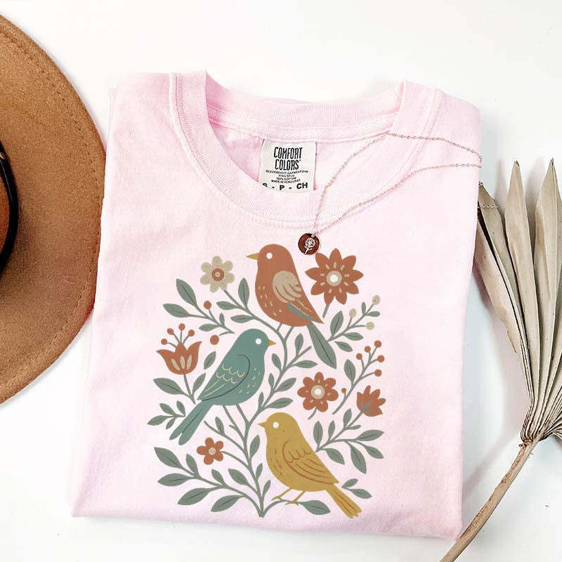 Boho Cottagecore Birds and Flowers T-Shirt