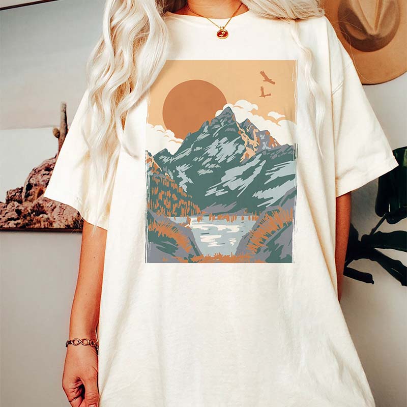 Retro Neutral Landscape Mountain and Sun T-Shirt