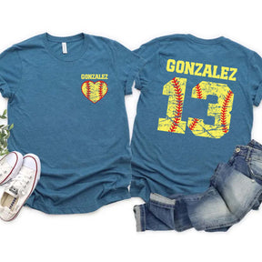 Custom Team Number And Name Softball Heart T-Shirt