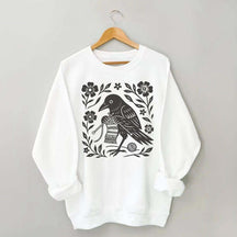 Crow Knitting Linocut Style Bird Sweatshirt