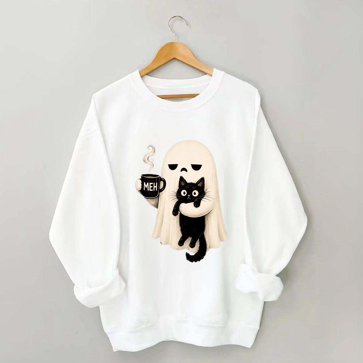 Ghost Holding Black Cat Meh Coffee Sweatshirt