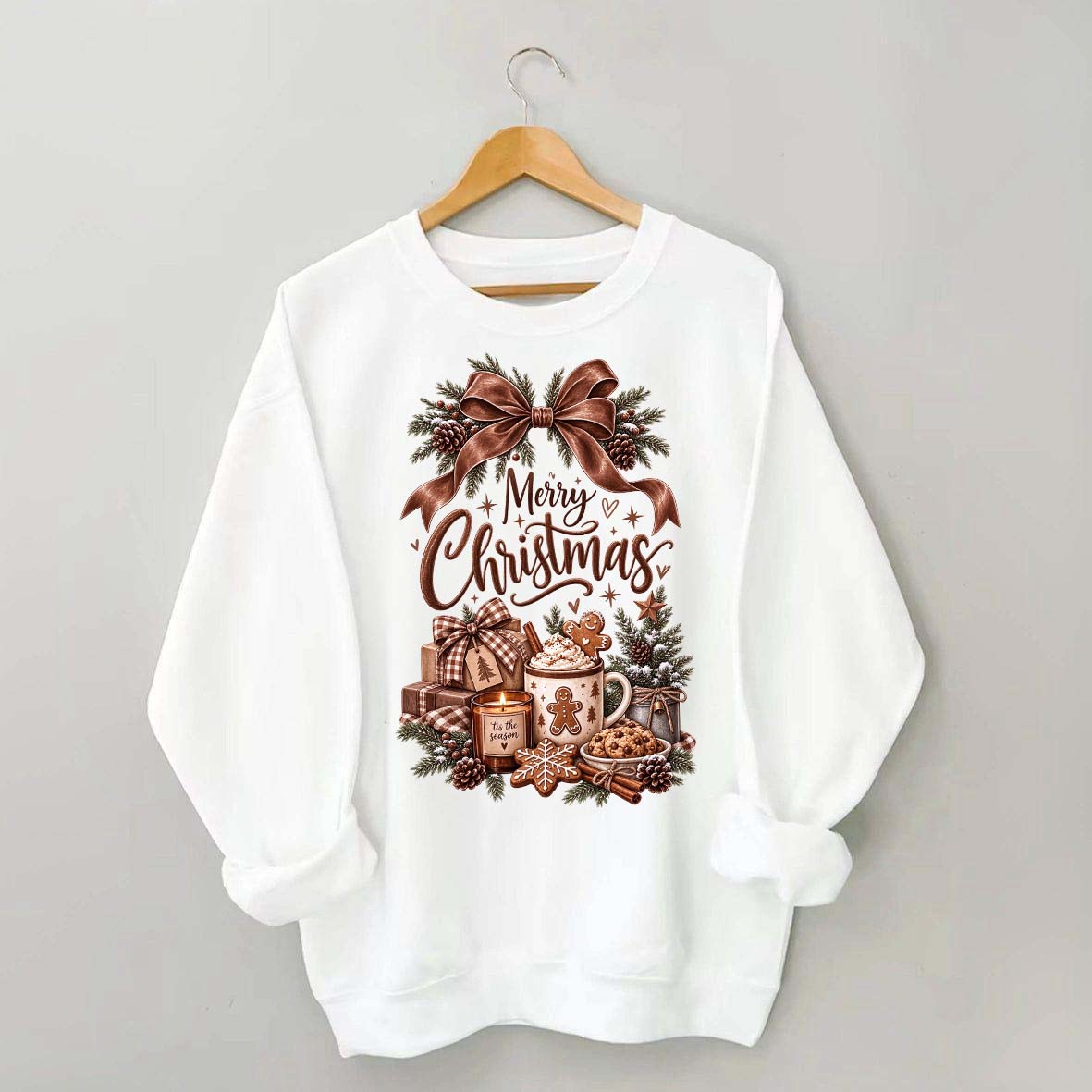 Cozy Christmas Bow Gingerbread Hot Cocoa Holiday Sweatshirt