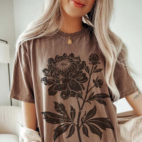 Vintage Linocut Flower Peonies T-Shirt