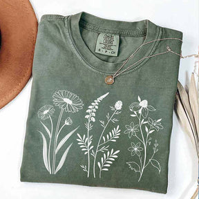 Minimalist Botanical Line Art Wildflower T-Shirt