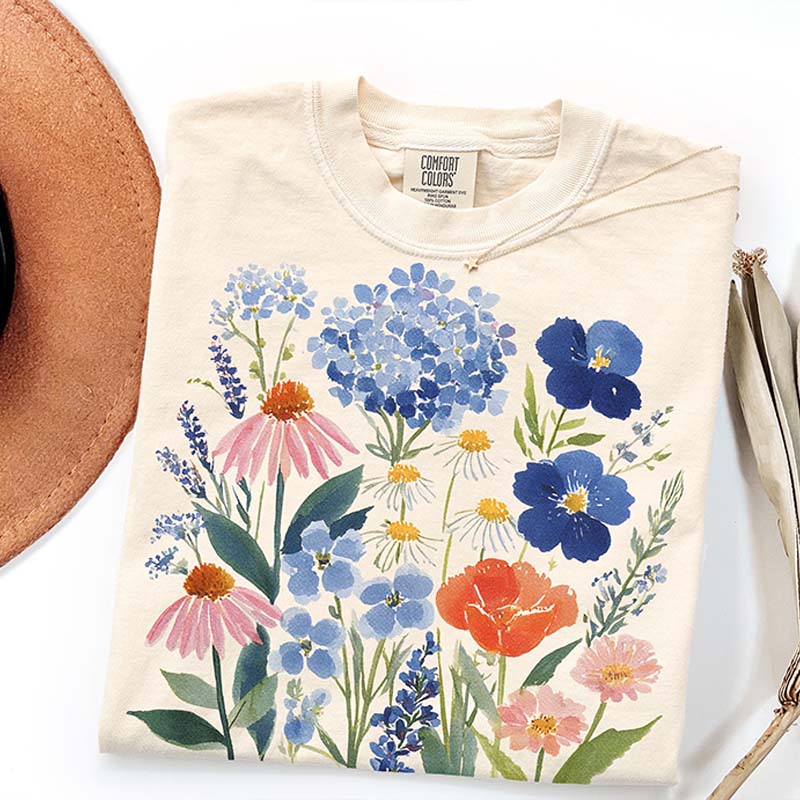Botanical Flower Blue Cottagecore Floral T-Shirt