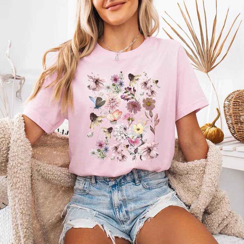 Pressed Flowers Boho Cottagecore Butterfly T-Shirt
