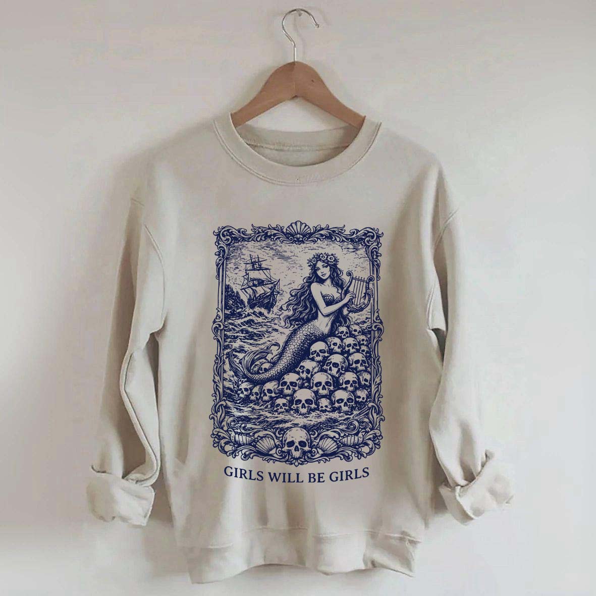 Vintage Mermaid Siren Girls Will Be Girls Feminist Sweatshirt