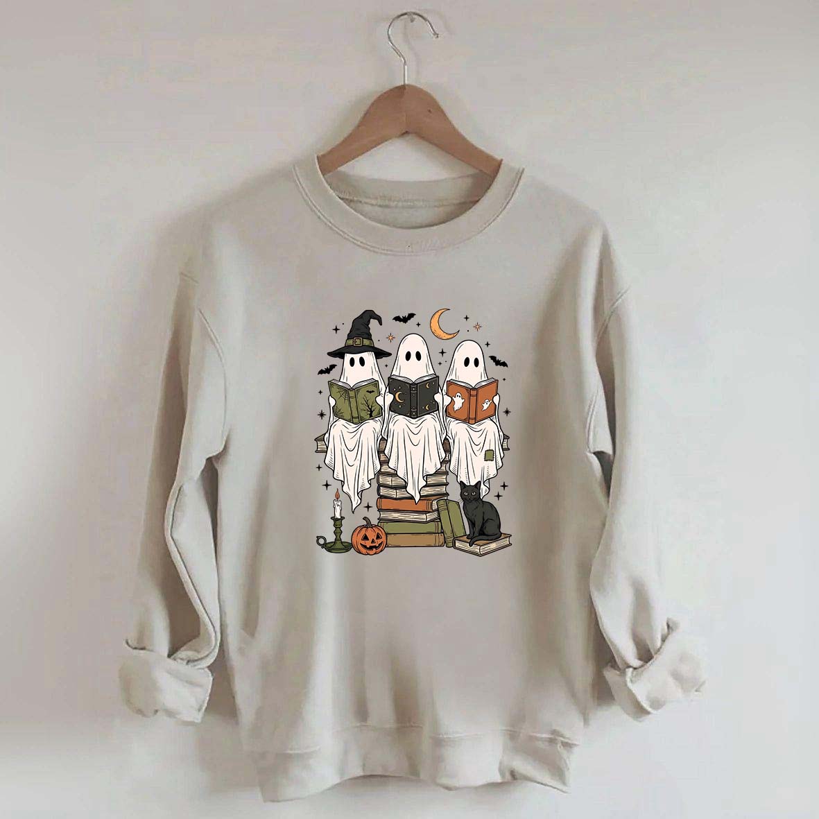 Boo Ghost Reading Books Halloween Sweatshirt