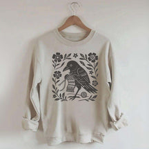 Crow Knitting Linocut Style Bird Sweatshirt