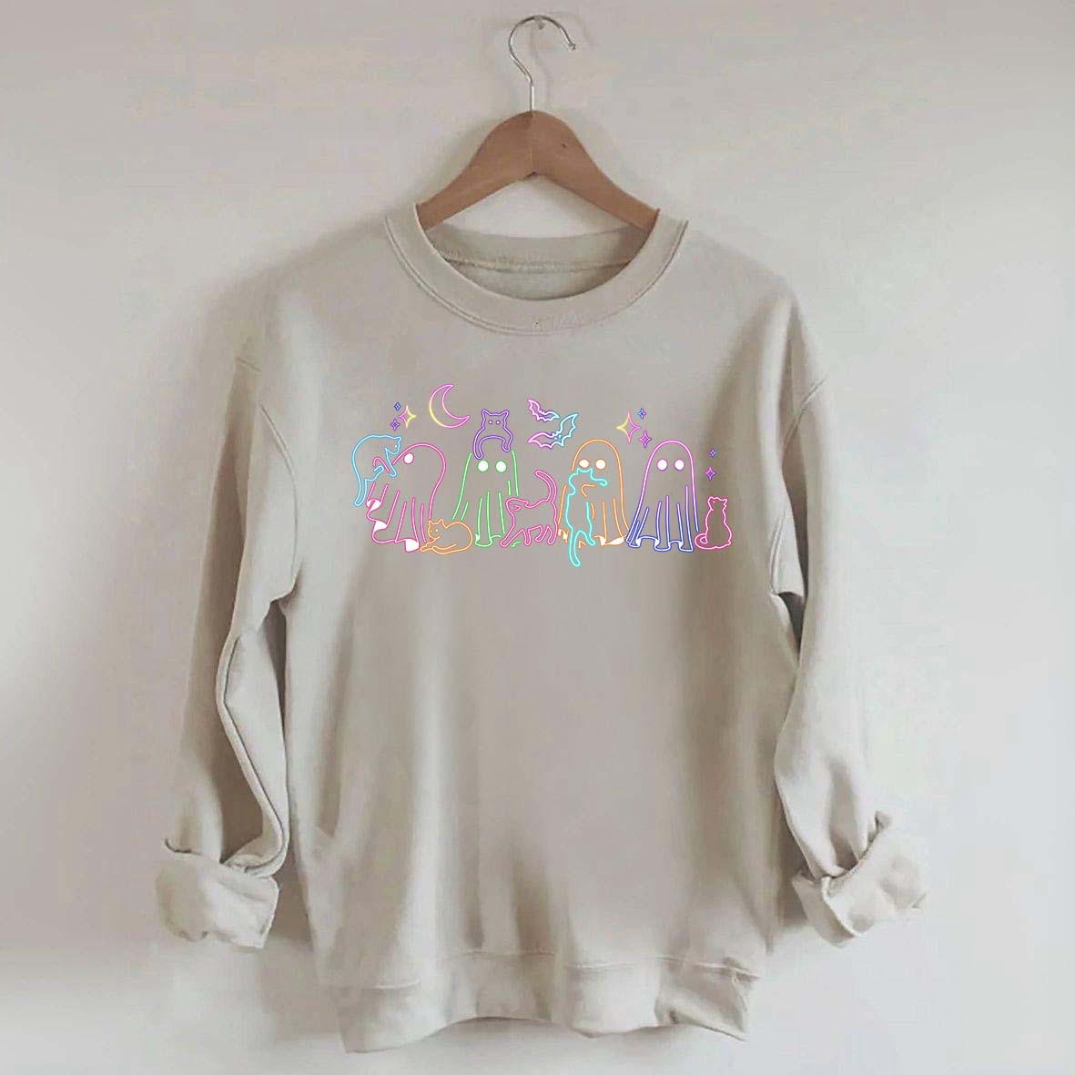 Cute Neon Halloween Ghost Cats Sweatshirt