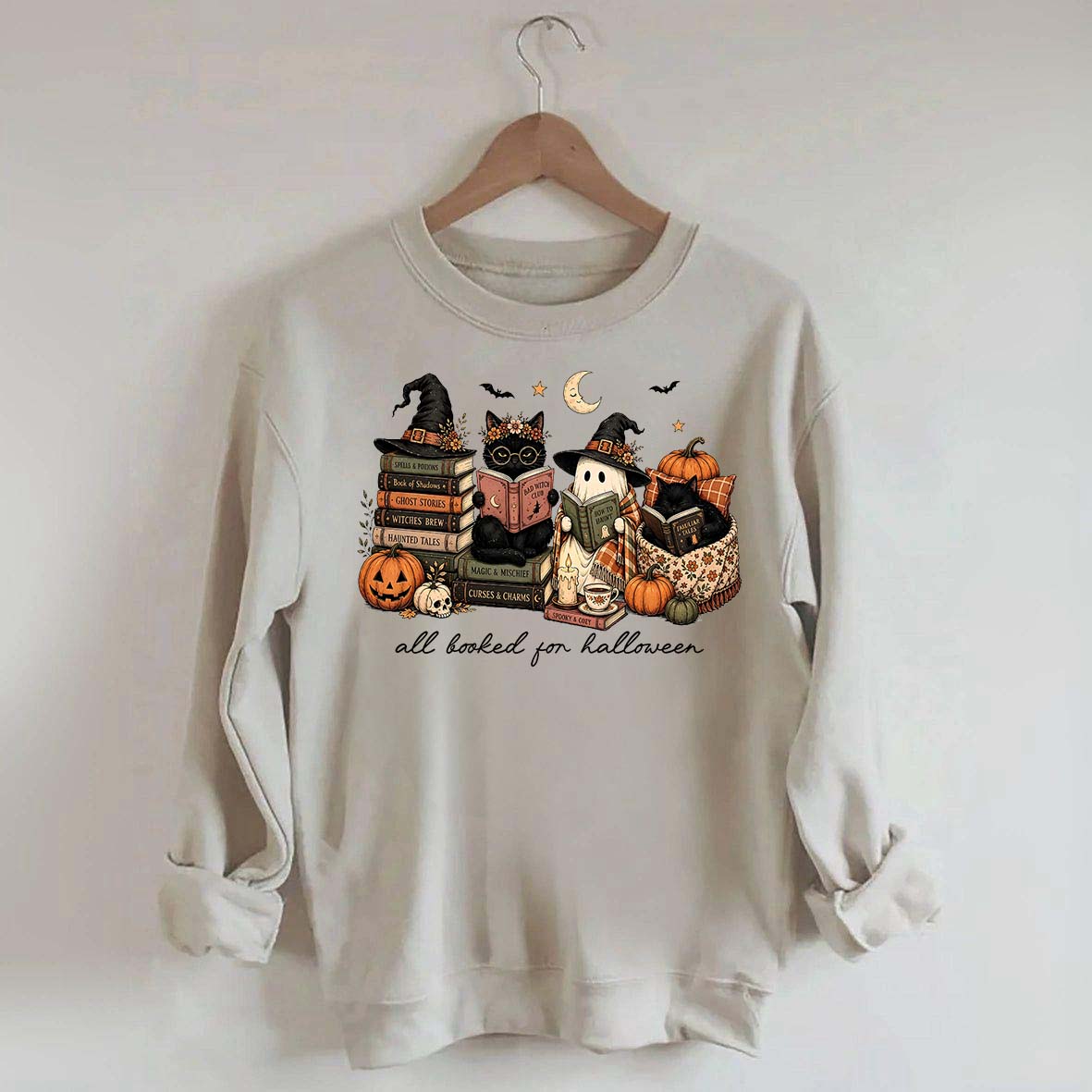 All Booked For Halloween Pumpkin Cats Book Sweatshirt