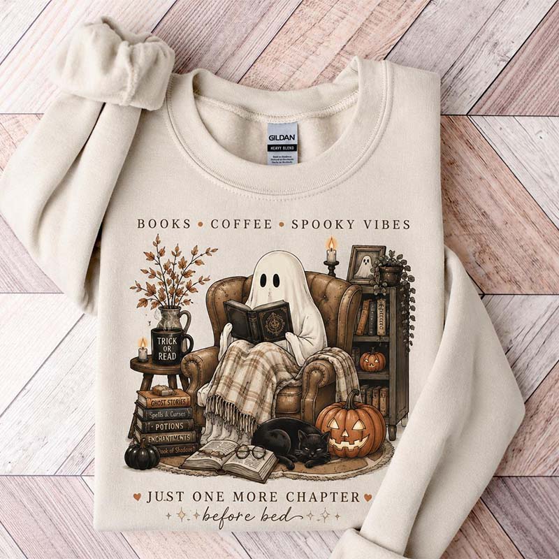 Cozy Ghost Reading Halloween Graphic Sweatshirt