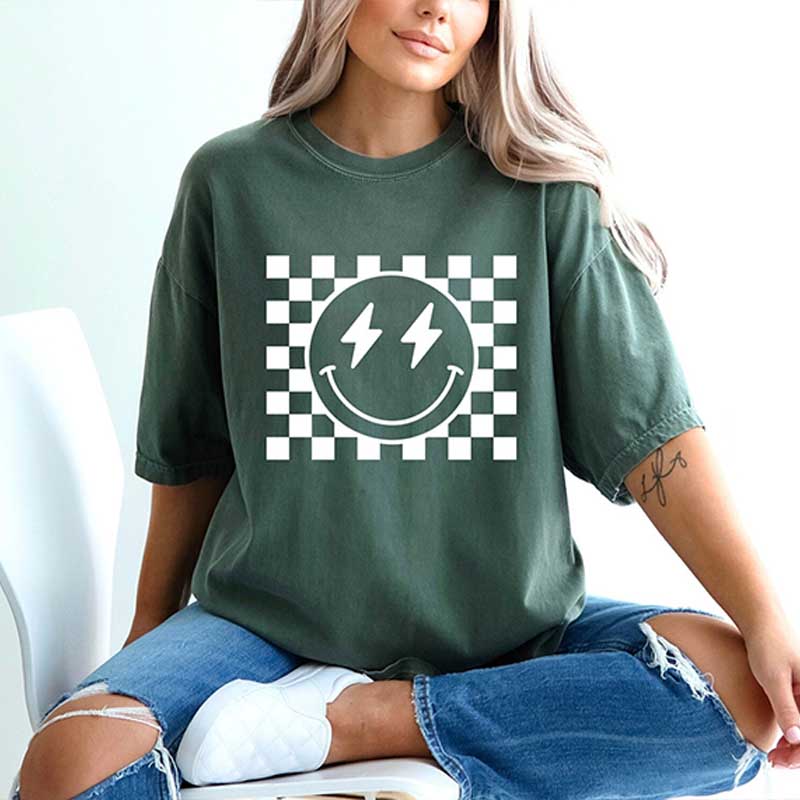 Comfort Colors Checkered Pattern Smile Face T-Shirt