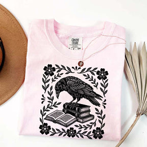 Retro Bookish Raven Linocut T-Shirt