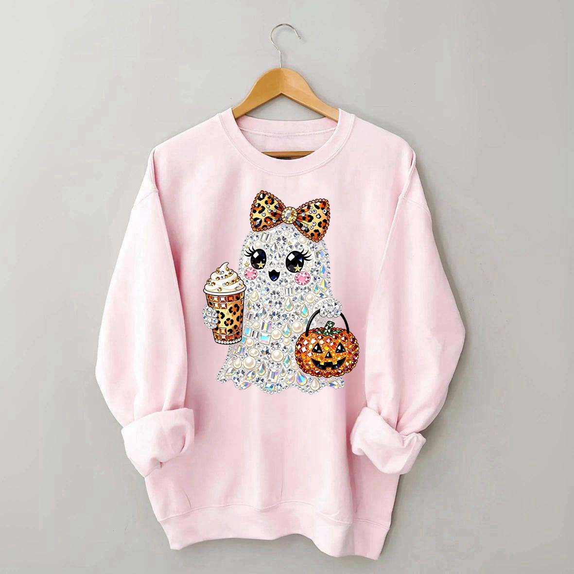 Rhinestone Glam Ghost Halloween Printed Sweatshirt
