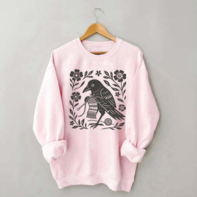 Crow Knitting Linocut Style Bird Sweatshirt