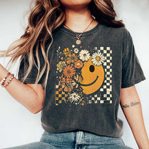Checkered Boho Floral Fall Face T-Shirt
