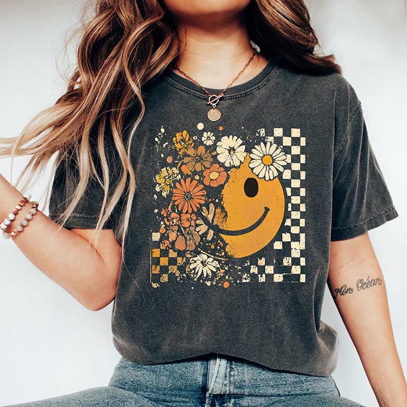 Checkered Boho Floral Fall Face T-Shirt
