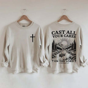 Cast All Your Cares Lord 1 Peter 5:7 Nature River Fishing Boat Sweatshirt