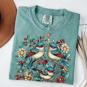 Cottagecore Birds and Flowers Folk Art Scandi T-Shirt