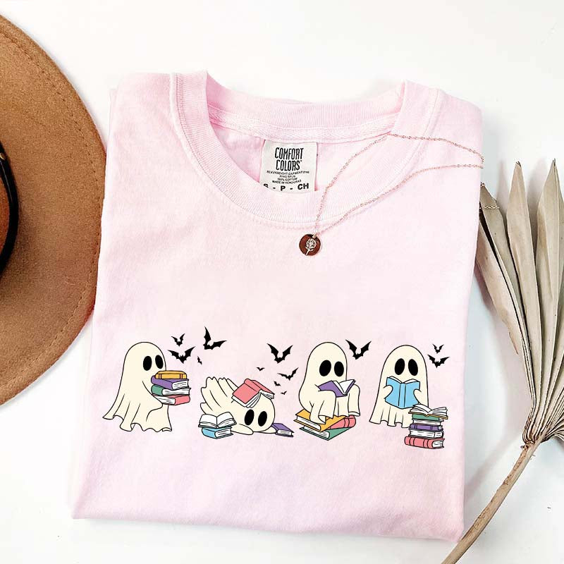 Cute Ghost Reading Book Halloween T-Shirt