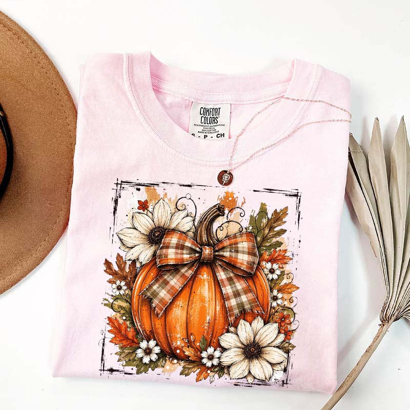 Pumpkin Bow Fall Graphic Floral T-Shirt