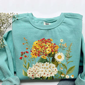 Hydrangeas Daisies Vintage Pressed Flowers Sweatshirt