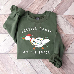 Festive Goose On The Loose Christmas Funny Sweatshirt