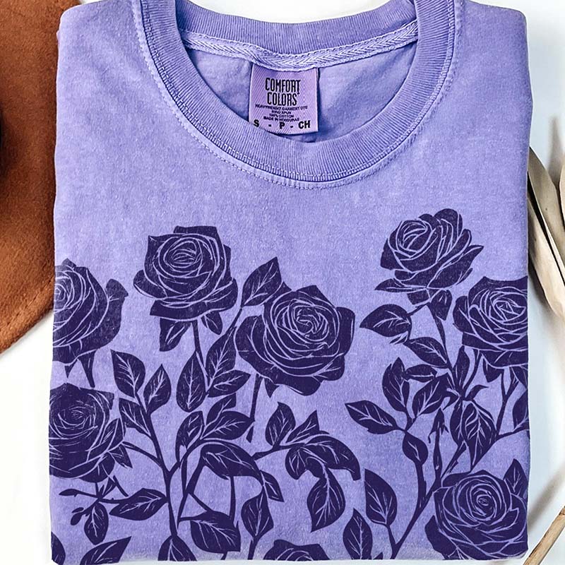 Vintage Linocut Flower Block Print Roses T-Shirt