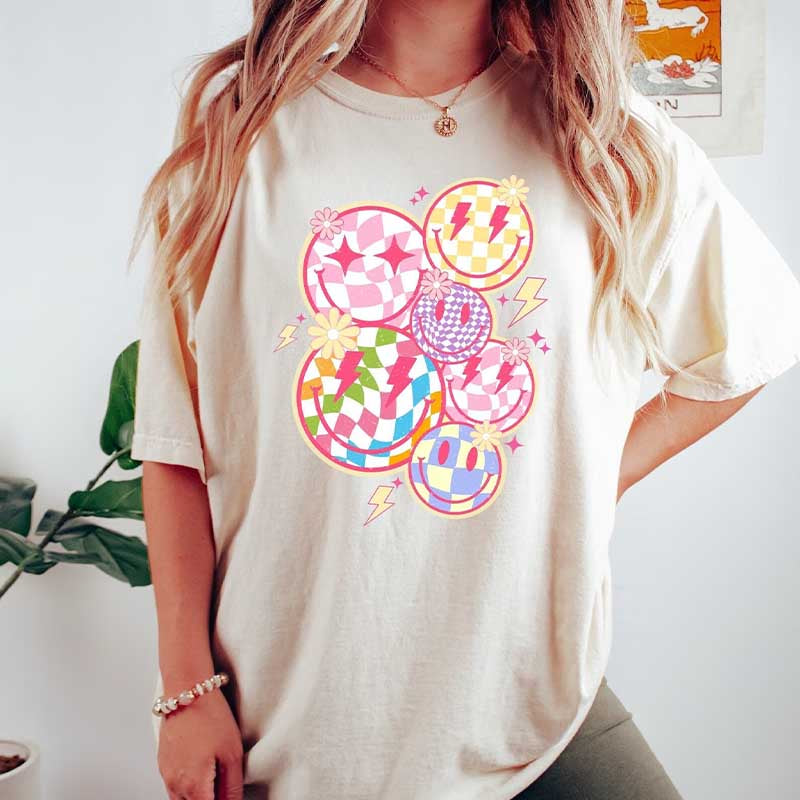 Trendy Checkered Smiley Face T-Shirt