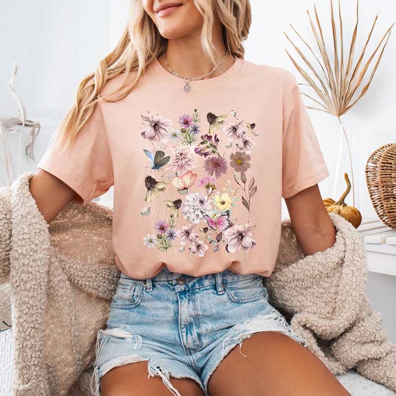 Pressed Flowers Boho Cottagecore Butterfly T-Shirt