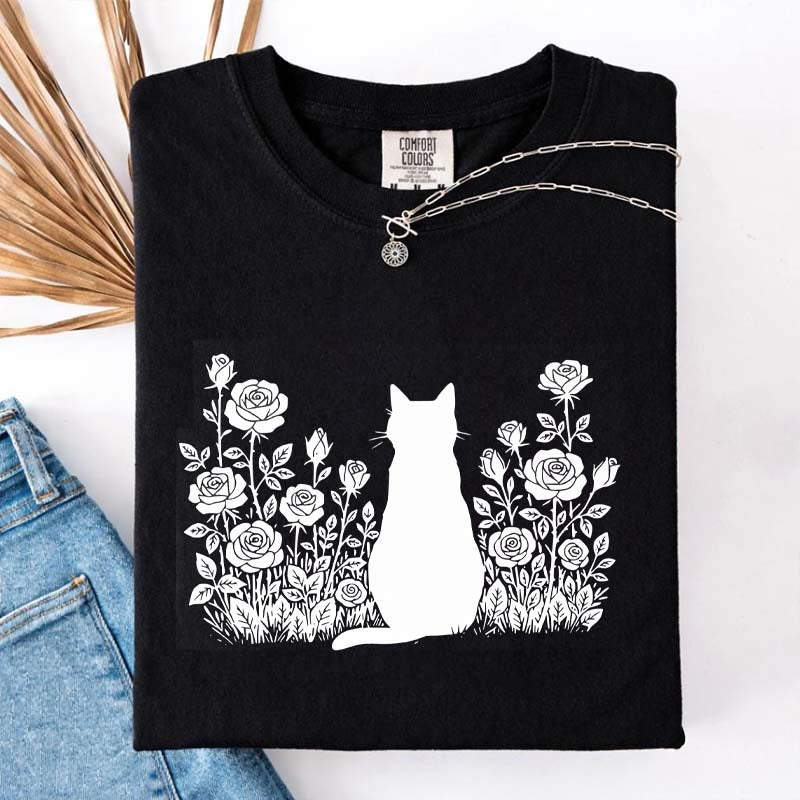 Cottagecore Cat Owner Rose Black T-Shirt