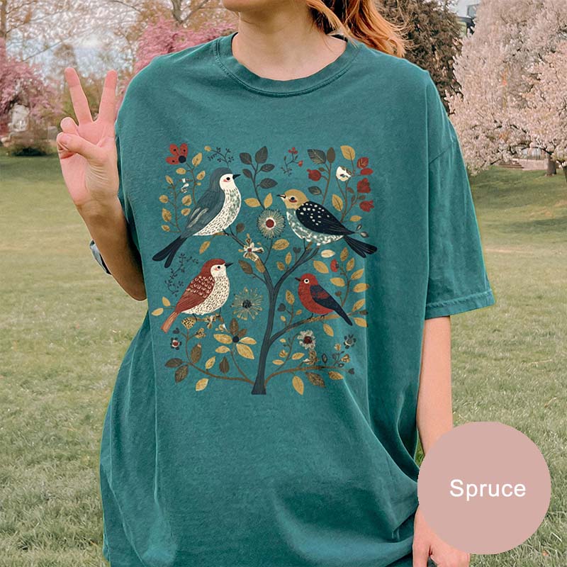 Cottagecore Birds and Flowers Folk Art T-Shirt