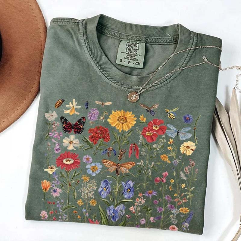 Vintage Pressed Flowers Bee Butterfly T-Shirt