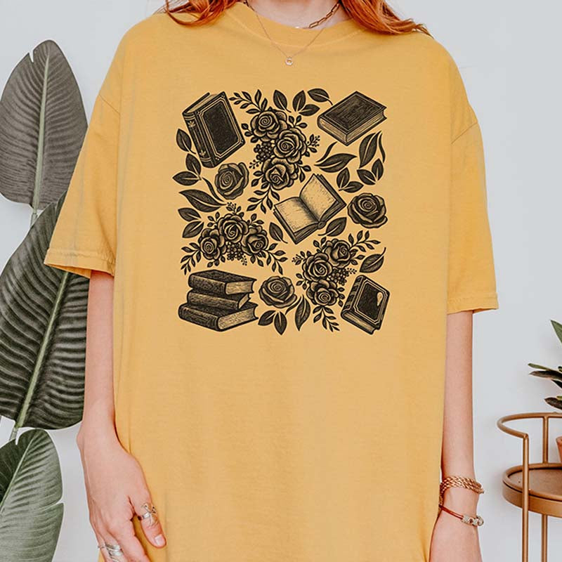 Linocut Books and Flowers T-Shirt