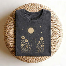 Minimalist Cat Moon Night Sky Floral T-Shirt