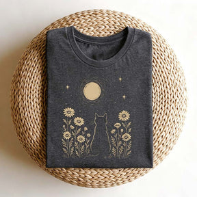 Minimalist Cat Moon Night Sky Floral T-Shirt