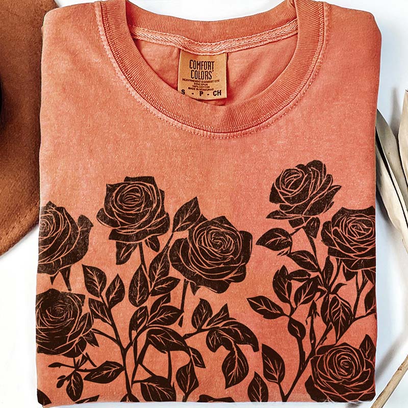 Vintage Linocut Flower Block Print Roses T-Shirt