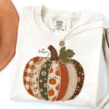 Faux Patchwork Fall Pumpkin Printed T-Shirt