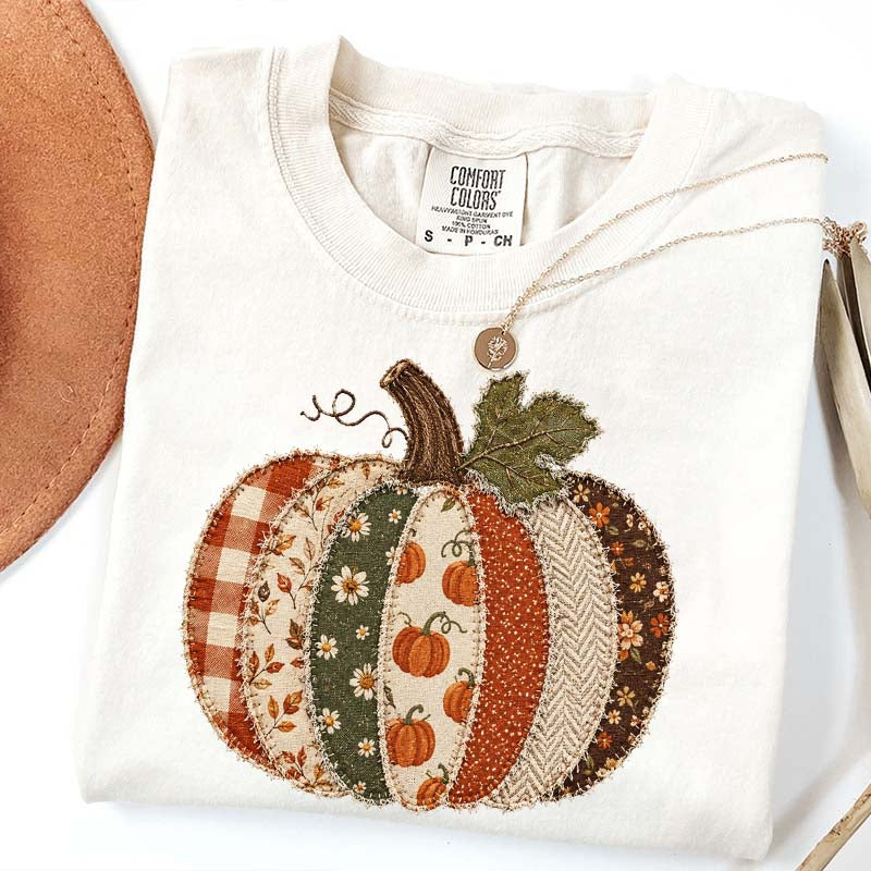 Faux Patchwork Fall Pumpkin Printed T-Shirt