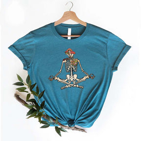Skeletons Yoga Meditation Mushrooms And Flowers T-Shirt