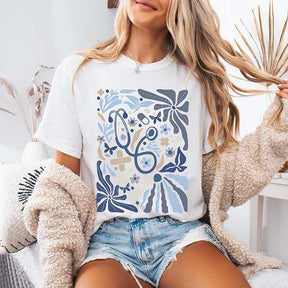 Floral Nurse Blue Botanical Stethoscope T-Shirt