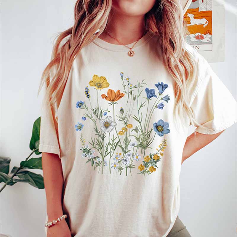 Boho Wildflowers Cottagecore Blue Floral T-Shirt